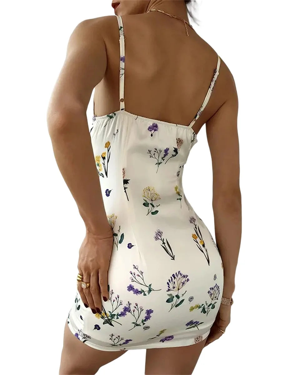 Floral Print Dresses for Women 2022 Sleeveless V-Neck Spaghetti Strap Drawstring Boho Dress Open Back Sexy Dresses